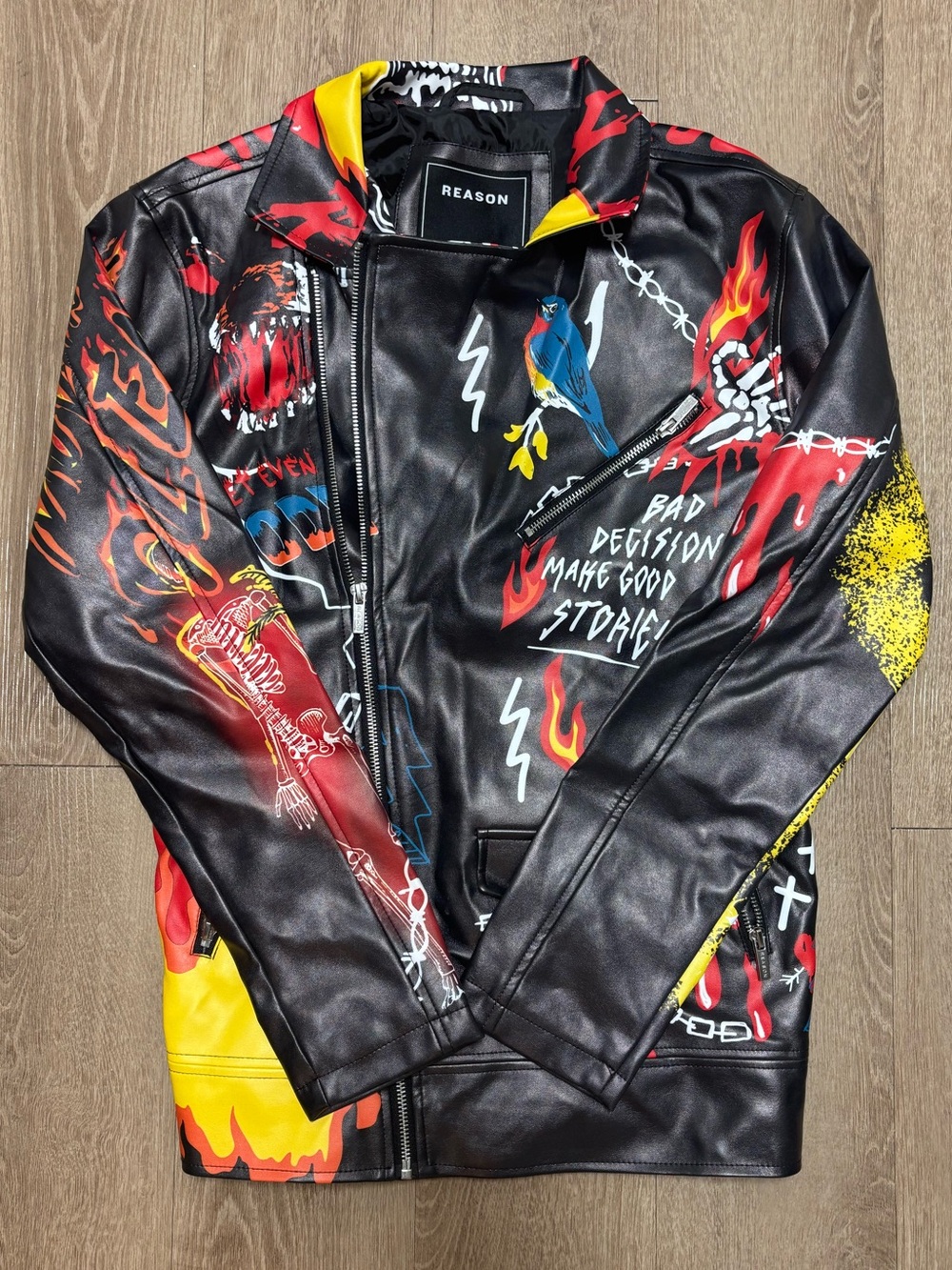 Reason Black Faux-Leather Jacket with Red, Yellow & Blue Graphics